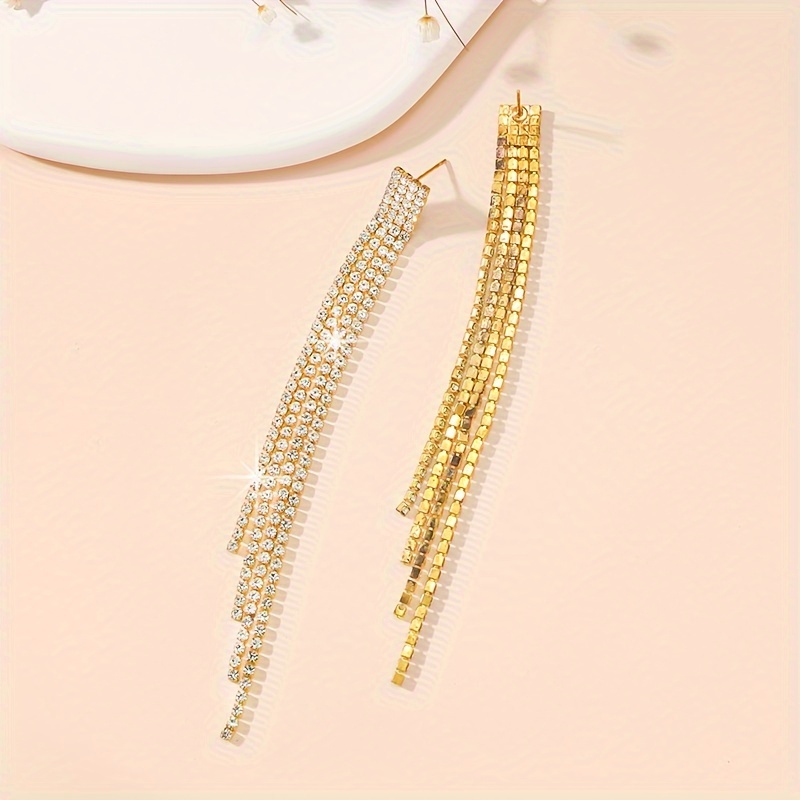 Long Tassel Earrings with Rhinestones Studs